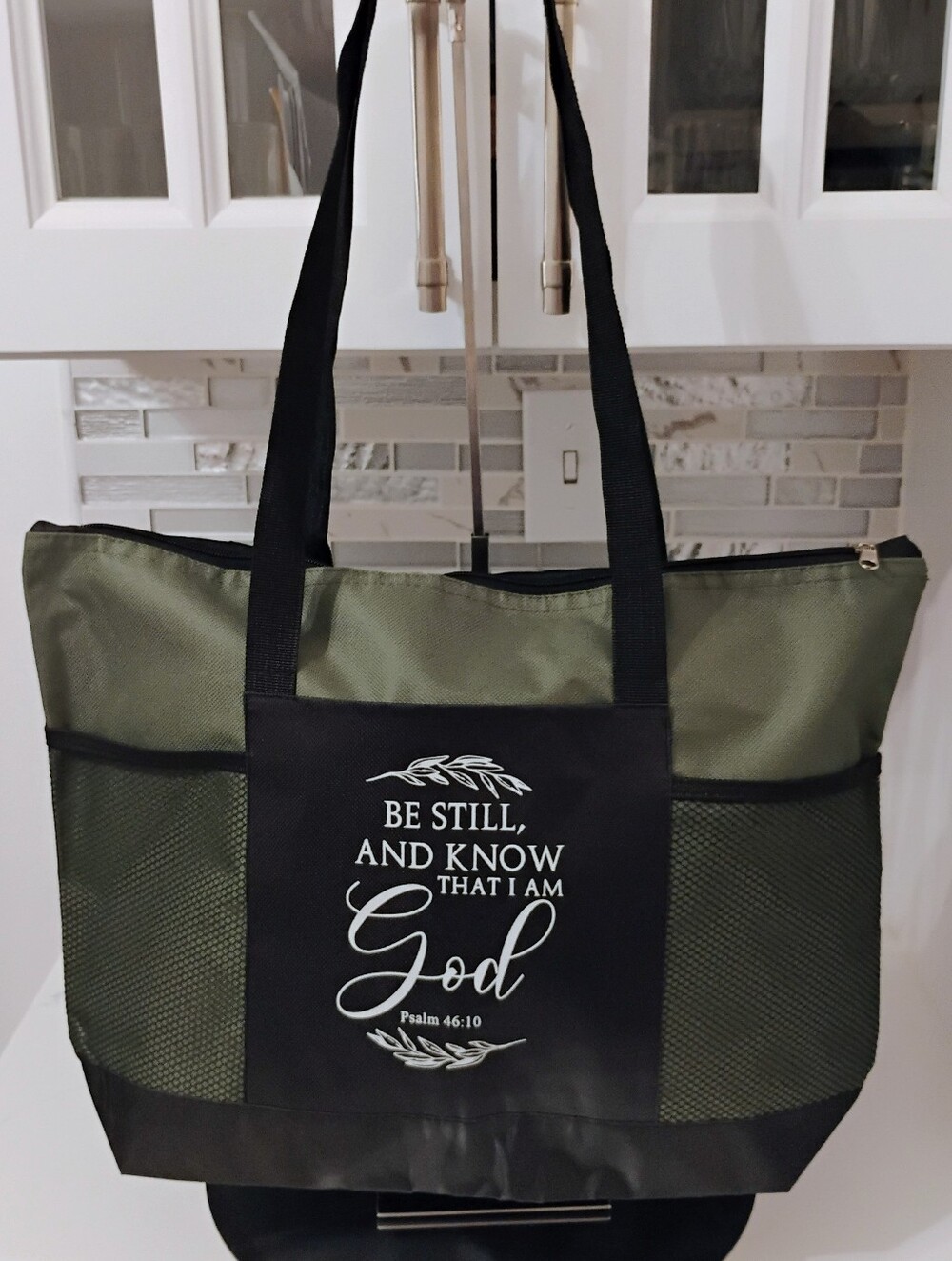NEW Scripture Canvas Tote - Be Still & Know - Olive Green & Black Bag